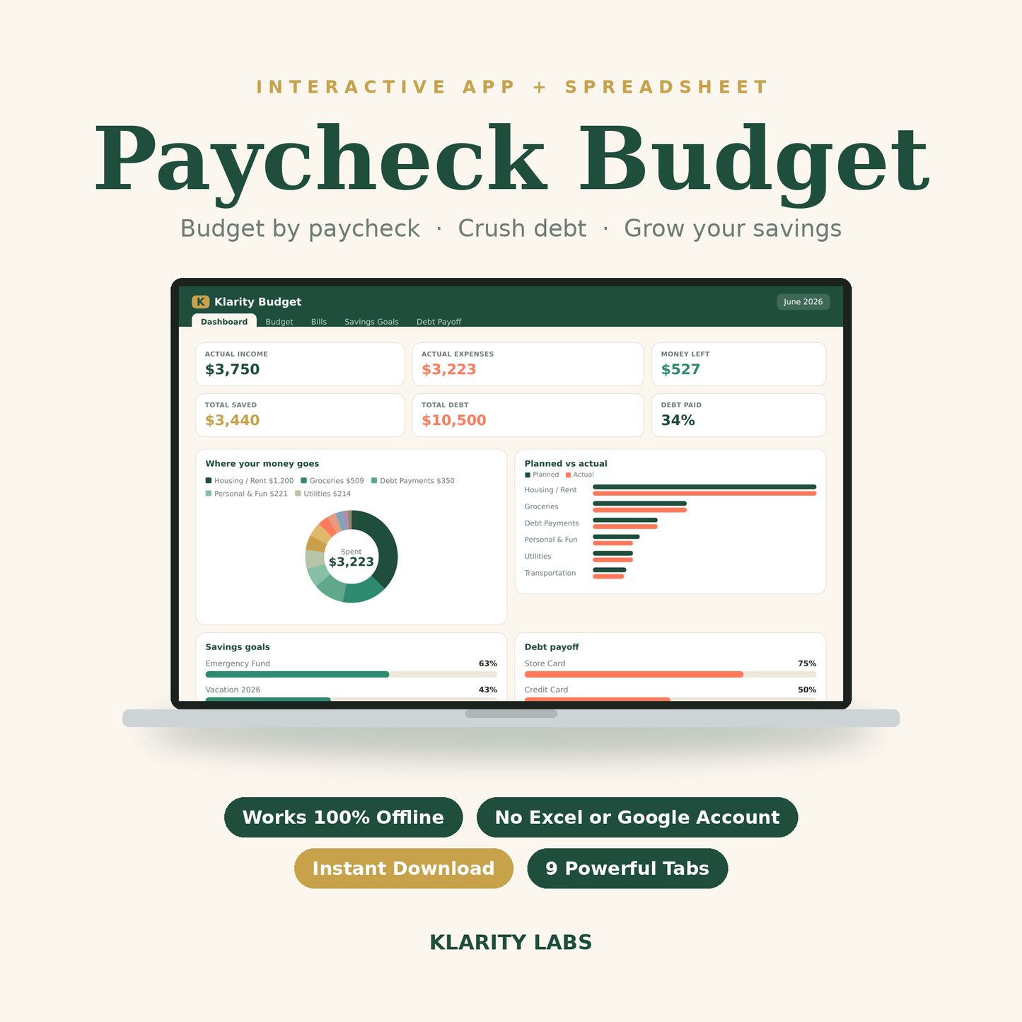 Paycheck Budget Planner — App + Google Sheets & Excel