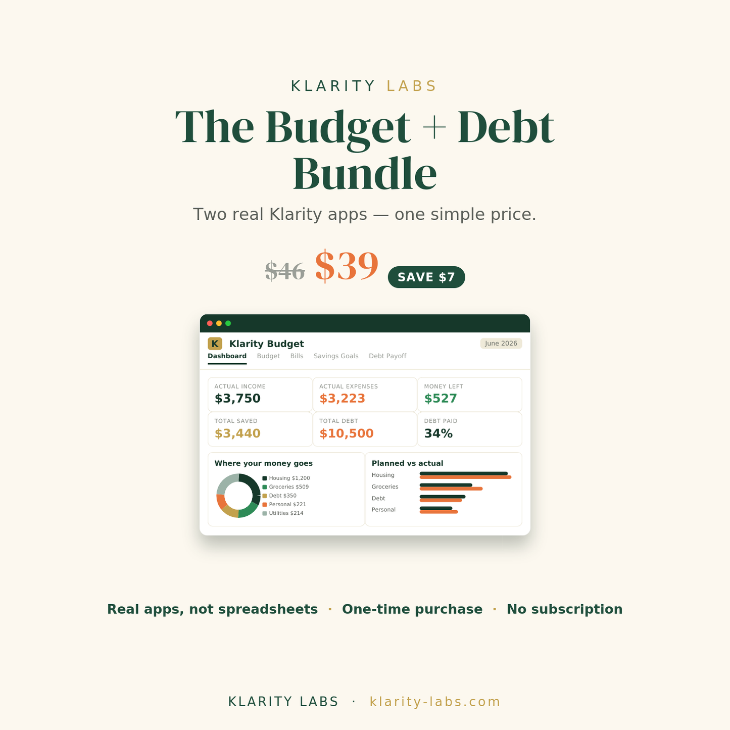 Klarity Apps Bundle — Paycheck Budget Planner + Debt Payoff App