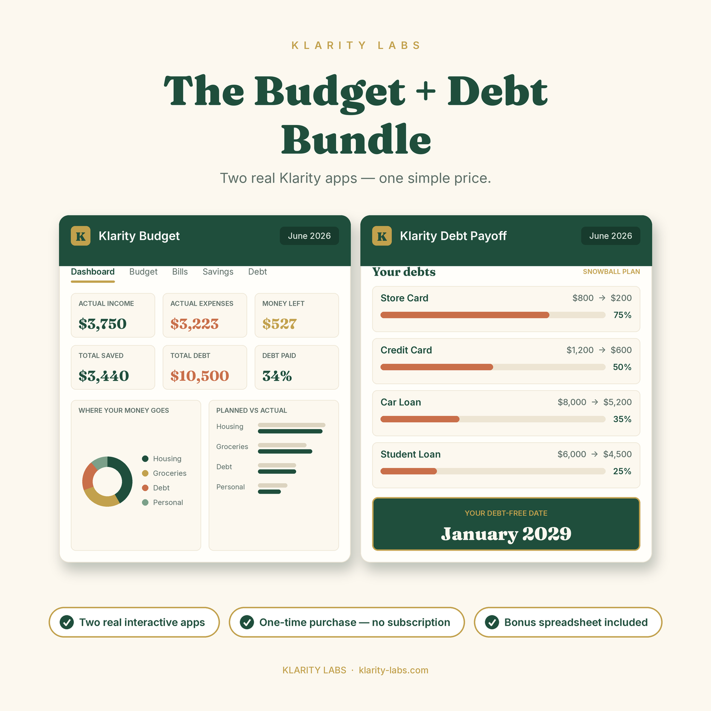 The Budget + Debt Bundle: Klarity Budget dashboard and Klarity Debt Payoff app side by side. One-time purchase, no subscription, bonus spreadsheet included.