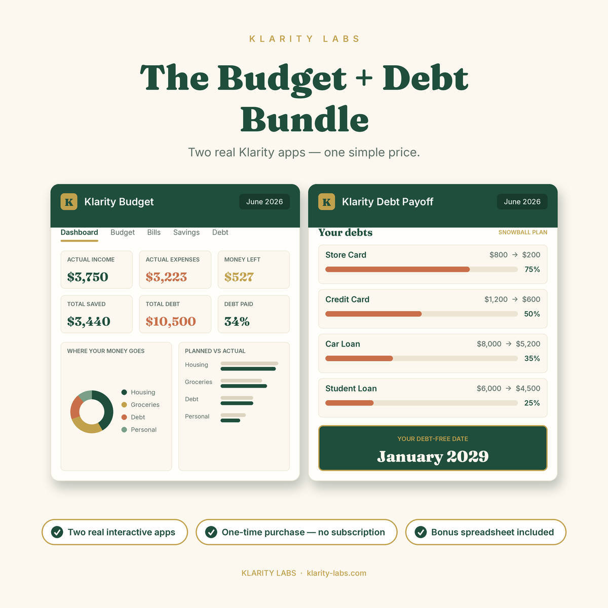 The Budget + Debt Bundle: Klarity Budget dashboard and Klarity Debt Payoff app side by side. One-time purchase, no subscription, bonus spreadsheet included.