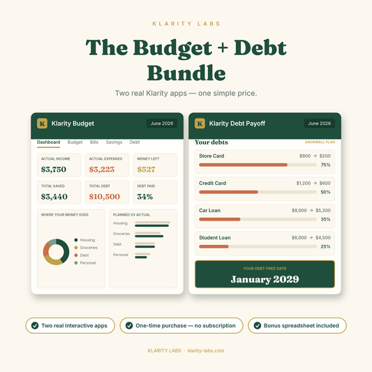 The Budget + Debt Bundle: Klarity Budget dashboard and Klarity Debt Payoff app side by side. One-time purchase, no subscription, bonus spreadsheet included.