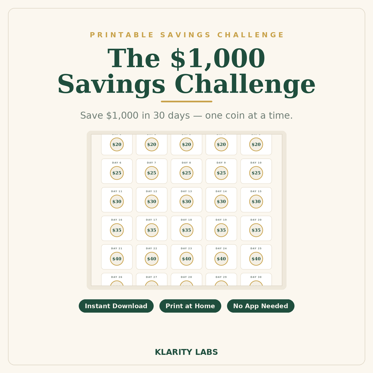 $1,000 Savings Challenge — Printable Money Saving Tracker