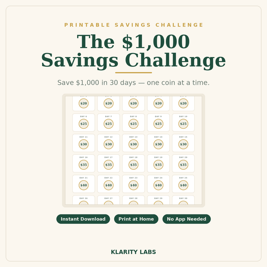 $1,000 Savings Challenge — Printable Money Saving Tracker