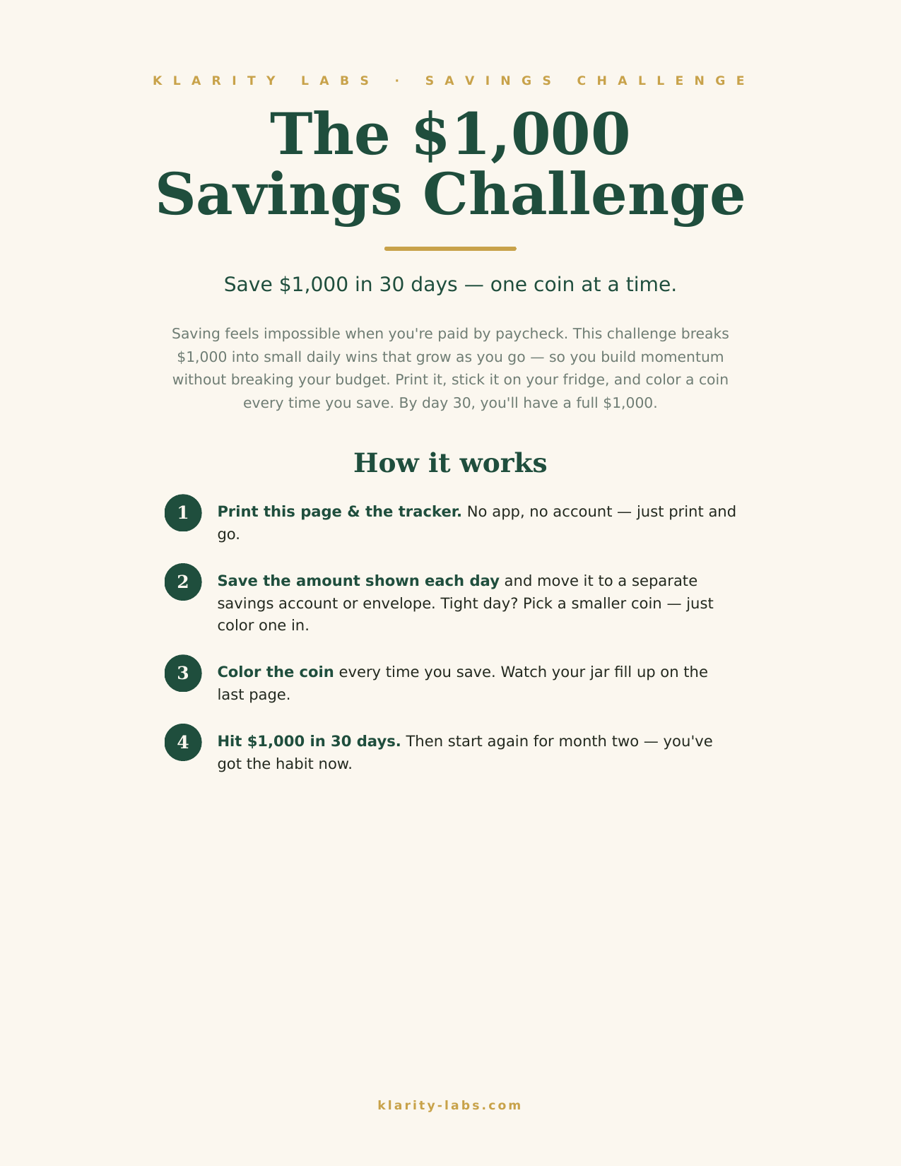 $1,000 Savings Challenge — Printable Money Saving Tracker