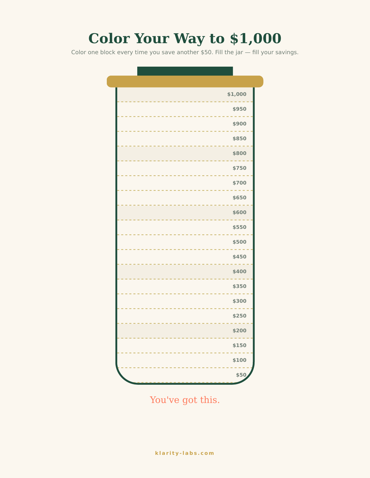 $1,000 Savings Challenge — Printable Money Saving Tracker